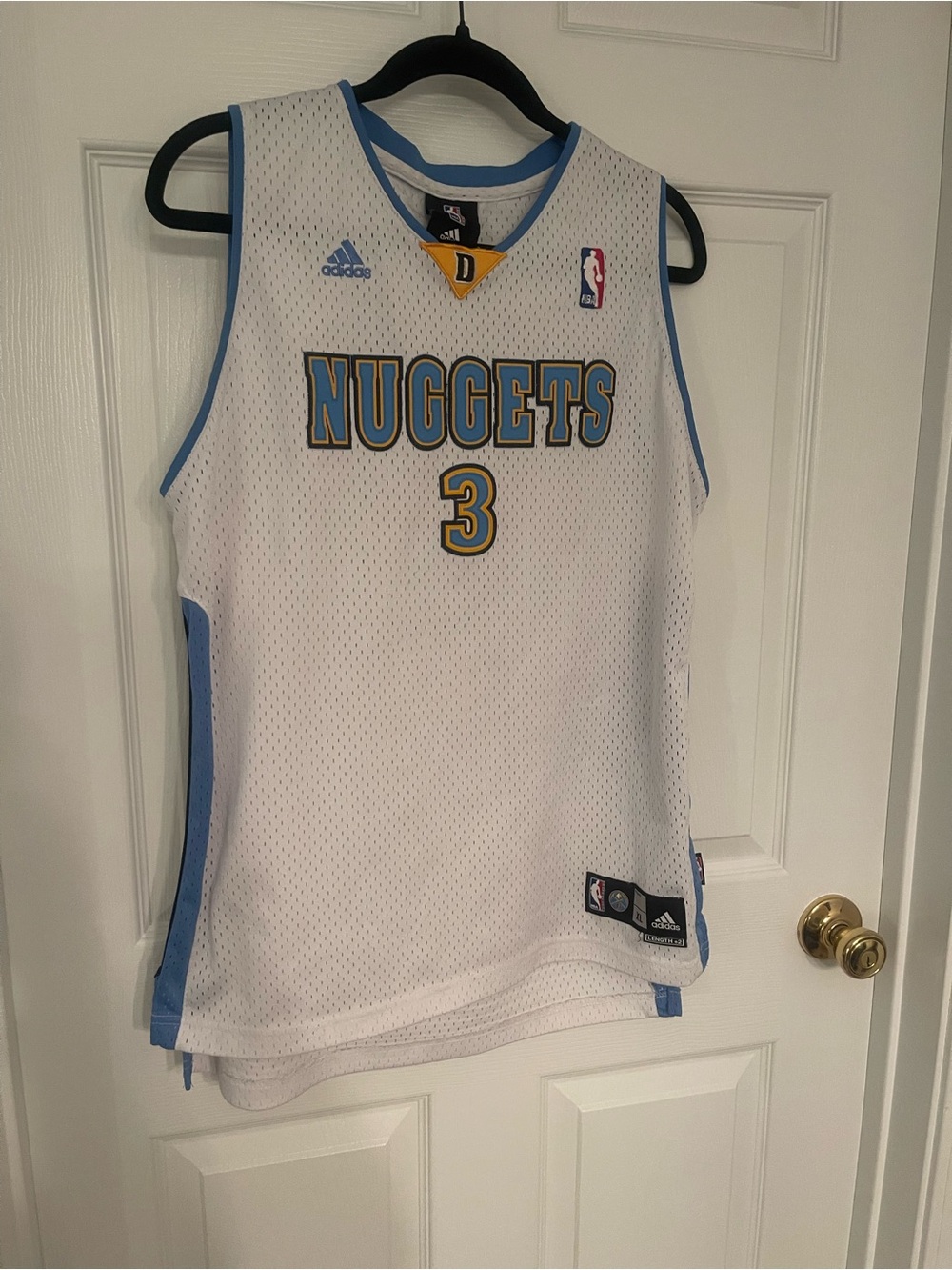 adidas White Basketball Jersey with Light Blue and Gold Accents